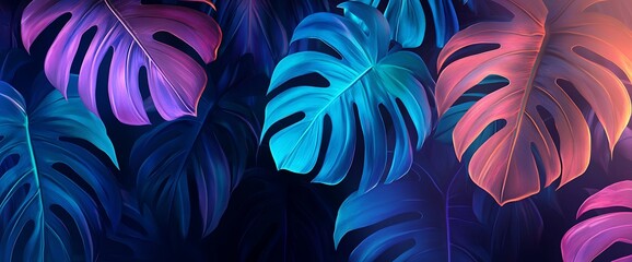 Wall Mural - Neon tropical leaves with vibrant colours and glowing edges on a dark background.