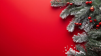 Wall Mural - christmas background with fir branches and decorations isolated on red