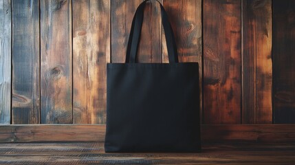 A Stylish Black Tote Bag Presented Elegantly on a Beautiful Wooden Background Setting