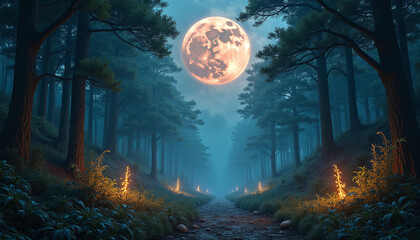 Poster - a magical forest during a lunar eclipse, with glowing plants and enchanted creatures emerging from the shadows.