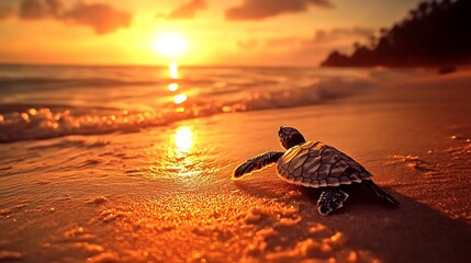 Wall Mural - A baby sea turtle makes its way to the ocean at sunset.