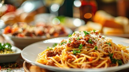 Tasty and vibrant dinner featuring spaghetti with meat and cheese pilau in sauce and a nutritious side dish