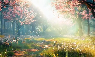 Canvas Print - Spring forest with blossoming cherry trees, Video