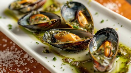 Steamed mussels with green sauce on plate no people