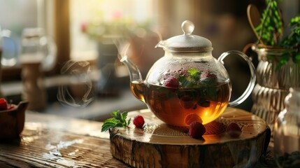 Wall Mural - Teapot filled with tea on a wooden stand Lovely morning meal