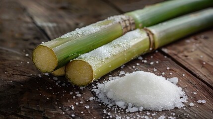 Wall Mural - Sugarcane and sugar on a wooden surface