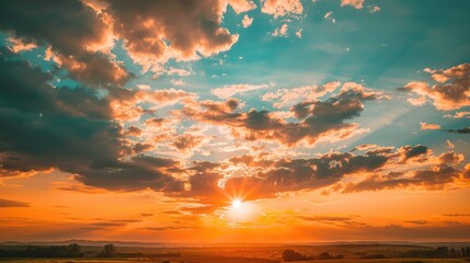 Wall Mural - Summer evening s orange sunset sky with clouds in nature