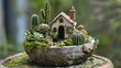 © CreativeBro - Small environment achievement Cement pot housing cacti moss and ceramic house