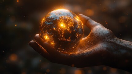 Canvas Print - Hand Holding a Glowing Crystal Ball with Sparks, Magic and Fantasy Concept