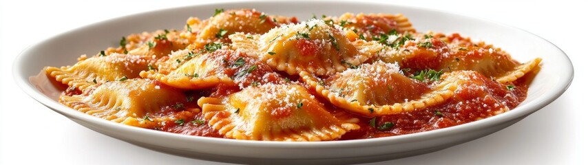 Homemade Ravioli Delight, a full-body portrait showcasing delicious homemade ravioli elegantly plated with rich sauce, set against a clean white background for a fresh presentation.