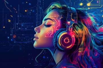 Poster - Woman with headphones listening to music in colorful cyberpunk style