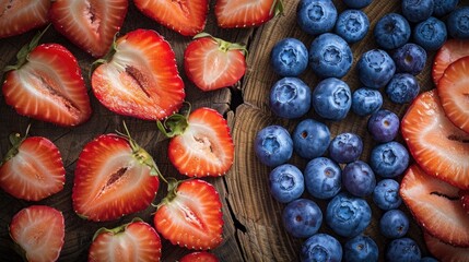 Wall Mural - Sliced strawberries and blueberries on a circular wooden surface Nutritious snack