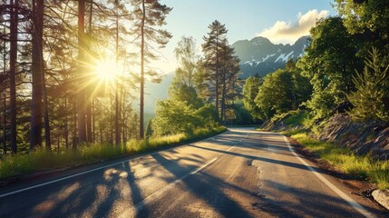 Wall Mural - Sunny morning scene on asphalt mountain road