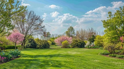 Spring landscape with lush lawn trees and blue sky