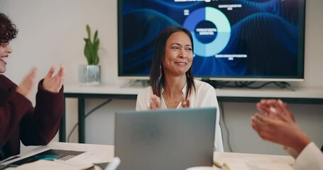 Poster - Women, laptop or CEO clapping in meeting for celebration of success, achievement or business goals. Teamwork, applause or happy people with funding target for project capital and social development