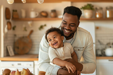 Father holding his laughing toddler in the kitchen during playtime. Concept of family love and joyful moments.