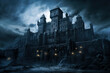 © karina_lo - Dark spooky castle at night, scary medieval gothic palace on full moon background, old grim mansion like in horror movie. Concept of Halloween, nightmare