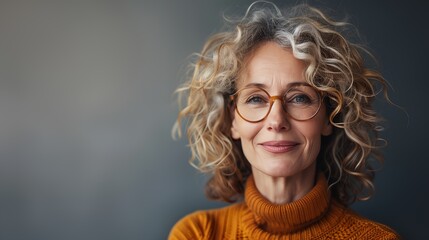 Poster - a woman with glasses and a sweater on posing for a picture with a gray background