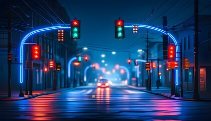 Wall Mural - Vibrant blue neon traffic light illuminating the night streets