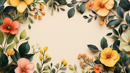 Sticker - a floral arrangement with orange, yellow and green flowers on a beige background with a place for a text