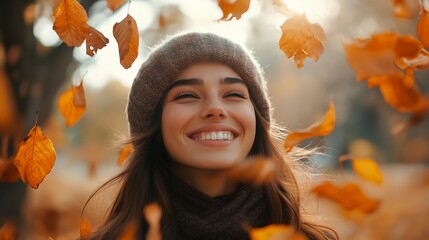 Poster - a woman smiles as she stands among leaves in the air with her eyes closed