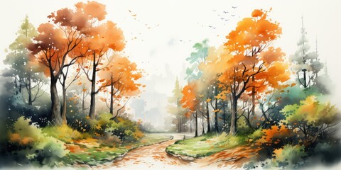 Poster - Watercolor painting of fall forest