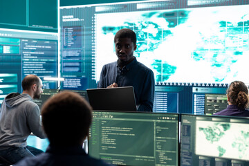 Poster - hackers group working on governmental cyber surveillance in high tech office, stealing information f