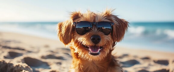 Wall Mural - A cute dog wearing sunglasses at the beach.