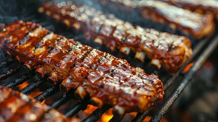 A close-up of succulent, saucy ribs cooking on the barbecue grill with a backdrop of flames and smoke, inviting viewers to a perfectly grilled feast.