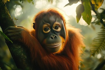 Young orangutan sitting on a tree branch in a rainforest, looking at the camera.