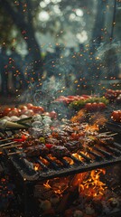 Wall Mural - A vibrant BBQ scene featuring skewers loaded with meat and vegetables, with lively flames and sparking embers engulfing the grill, adding a dynamic atmosphere.