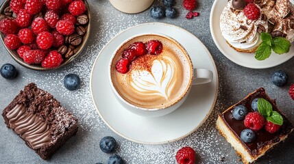 A Cappuccino With Latte Art, Chocolate Desserts, Raspberries, and Blueberries