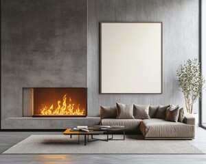 Wall Mural - Modern Scandinavian Home Interior with Cozy Fireplace and Luxury Poster Mockup