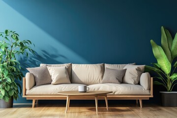 Wall Mural - Stylish Living Room Interior Design with Sofa, Green Plant and Table on Luxurious Wall Background