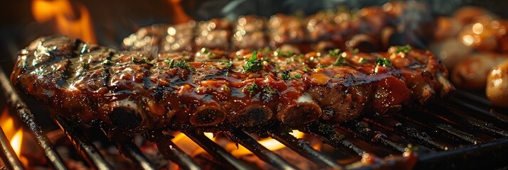 Wall Mural - Close-up of juicy ribs on a grill with flame and herbs garnish showcasing the tenderness and perfect barbecue glazing of this mouth-watering dish sure to entice food lovers.