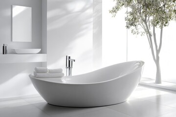 Wall Mural - Modern White Bathroom Interior Design with Tub, Sink, and Wooden Accents