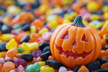 An image showcasing colorful Halloween candies with a plastic jack-o'-lantern centerpiece, perfect for festive Halloween themes.