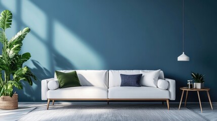 Wall Mural - Stylish Living Room Interior Design with Scandinavian Sofa and Green Plants on Blue Wall Background