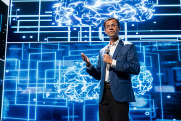Poster - Expert talking at AI tech summit event gathering professionals seeking to discover latest AI solutions across different industries. Man presents how can AI be leveraged to accelerate innovation