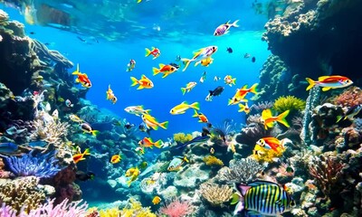 Poster - Coral reef teeming with colorful fish, Video