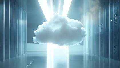 Abstract 3D cloud in glowing light beams, futuristic technology concept