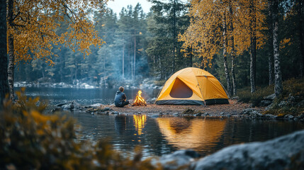 a man sitting by fire in forest near tent, tourism day, tourists, camp, hike, person in hiking clothes, trees, autumn, fall, wild nature, lake, river, camping, people, adventure, wood