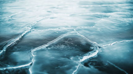 Wall Mural - Close-up view of cracked ice surface with intricate patterns, highlighting the texture and cool tones of frozen water