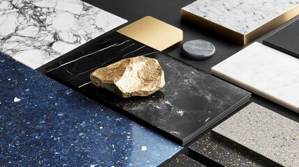 Panels and tiles are two examples of interior material types. interior moodboard featuring blue laminated hardwood flooring tiles, quartz, terrazzo, and a black marble table topped with gold stainless