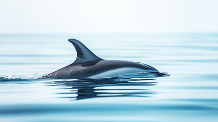 Wall Mural - Dolphin gliding smoothly through calm blue water with its dorsal fin visible above the surface