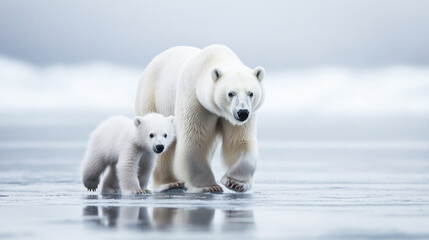Wall Mural - polar bear mother and cub walking together on icy terrain in the arctic, showcasing wildlife family 