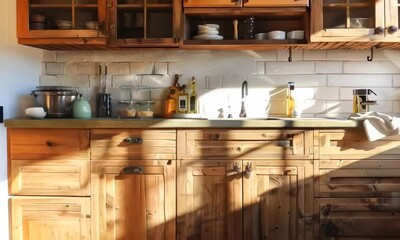 Canvas Print - Rustic kitchen with wooden cabinets and farmhouse sink, Video