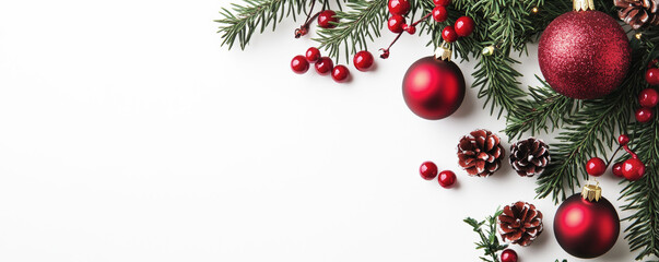 Wall Mural - christmas composition with red ornaments, pinecones, and berries on fir branches placed on a white b