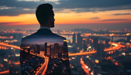 Contemplative Businessman Silhouette Against Twilight Cityscape Symbolizing Strategic Thinking in Urban Business Life