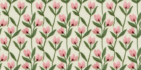 seamless minimalistic embroidery pattern of tulips, each with three pink petals and a few leaves, on a plain cream fabric